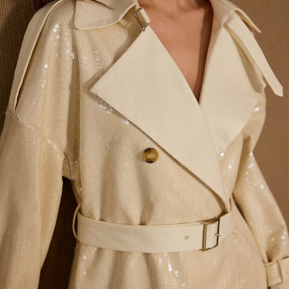 Elegant Women's Premium Sequin Embellished Belted Trench Coat Jacket - Picture 2 of 6